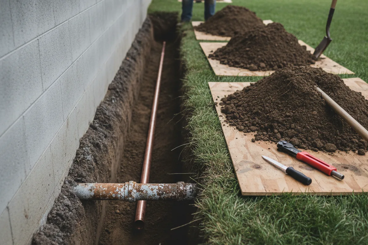 Excavated water line trench during Sewer Line Repair in Beaufort